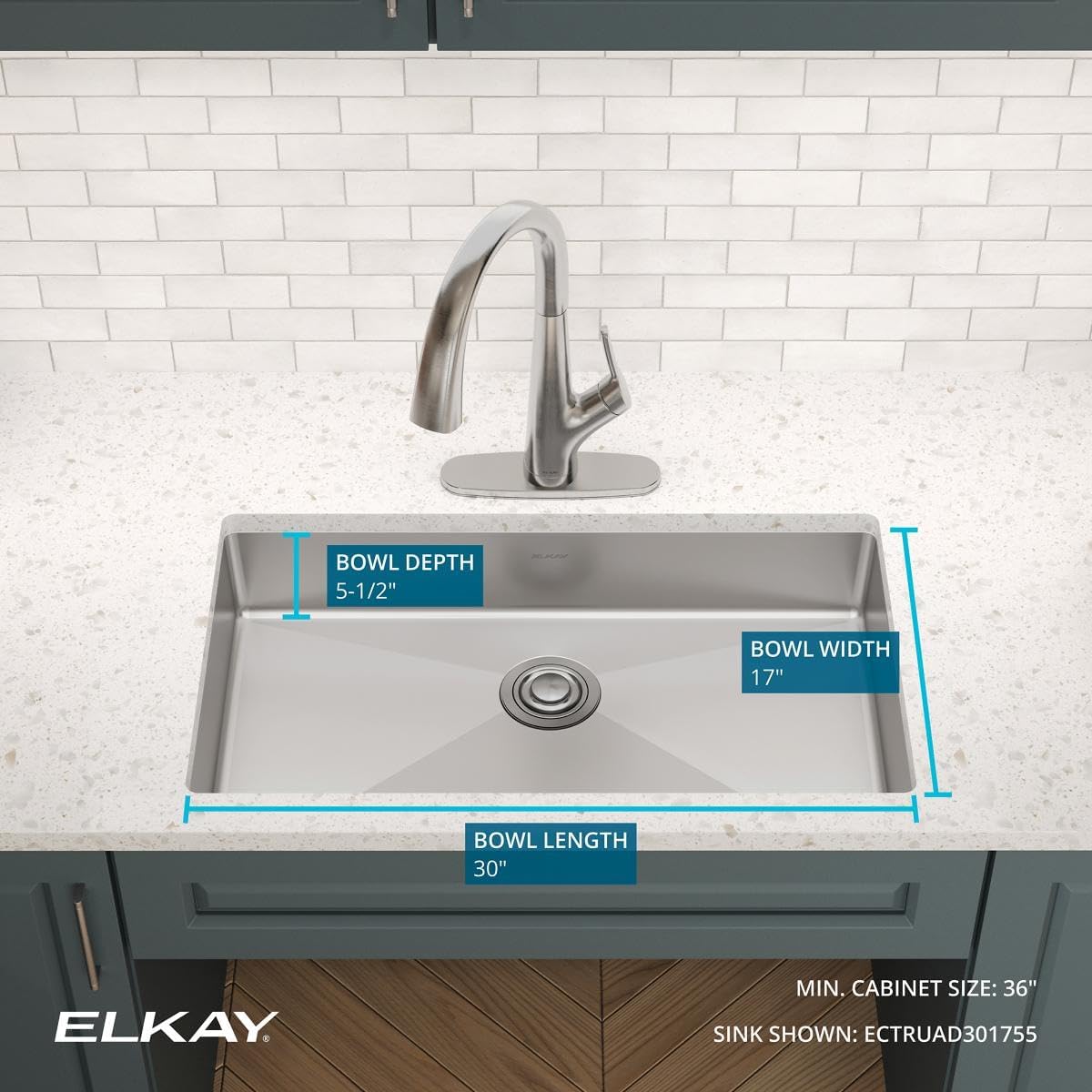 Elkay ECTRUAD301755 Crosstown 18 Gauge Stainless Steel 31-1/2" x 18-1/2" x 5-1/2" Single Bowl Undermount Sink