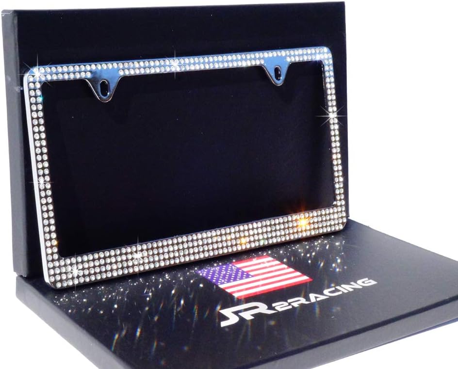 JR2 Pure Handmade Super Bling 6 Rows White/Clear Real Crystal Rhinestone Embedded Metal Chrome License Plate Frame+Free Caps