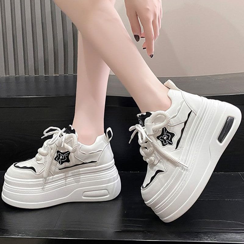 Women's White Chunky Platform Walking Sneakers 3.1 Inch Thick Sole Breathable Lace-Up Streetwear Shoes Fit Well3