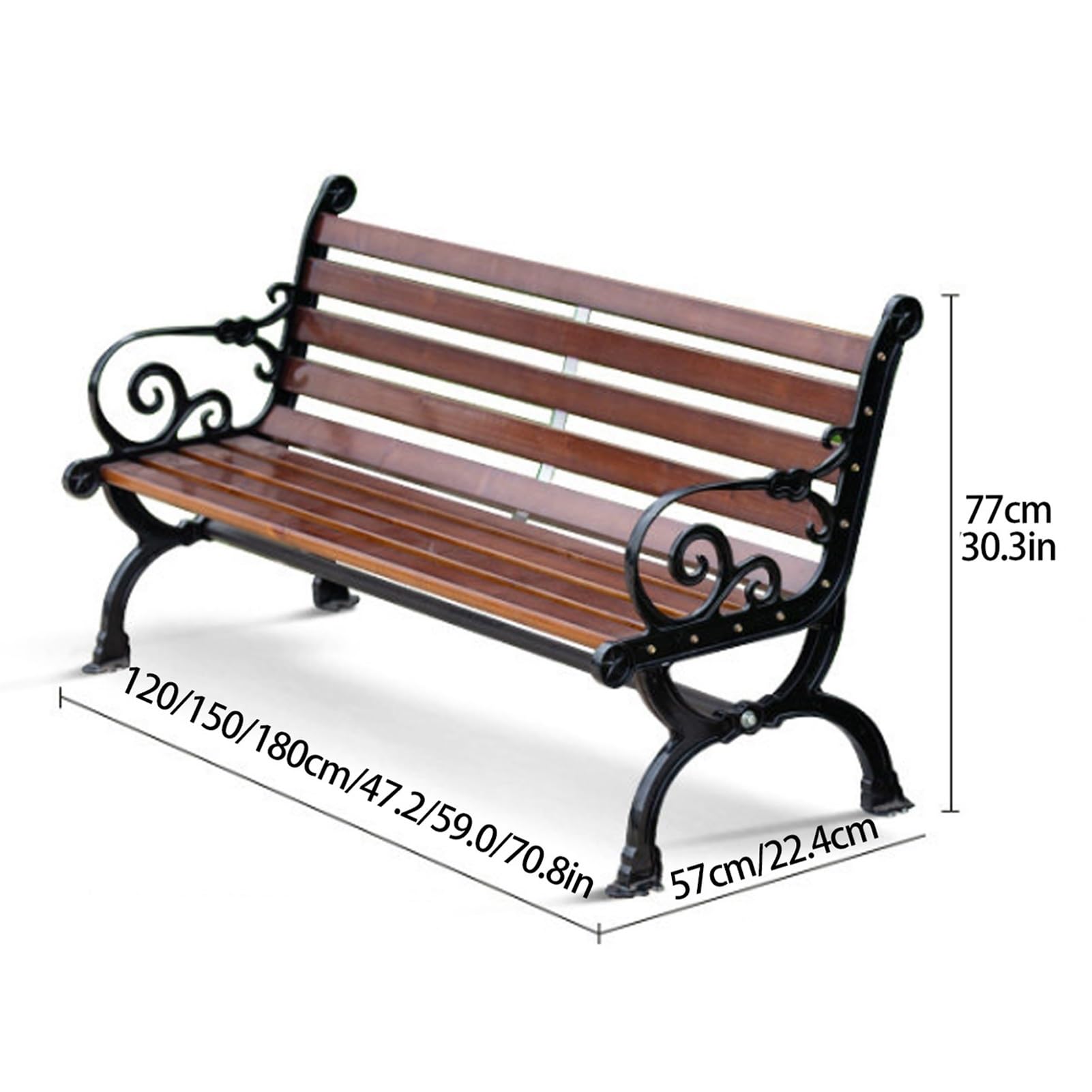 Exterior Banco Patas de Metal, Banco de Jardín de Madera Maciza | Banco de Metal for 2-4 Plazas, Parque Banco Asiento de Listones for Porche/ Césped/ Hospital/plaza(Dark brown,70.8''/180cm)