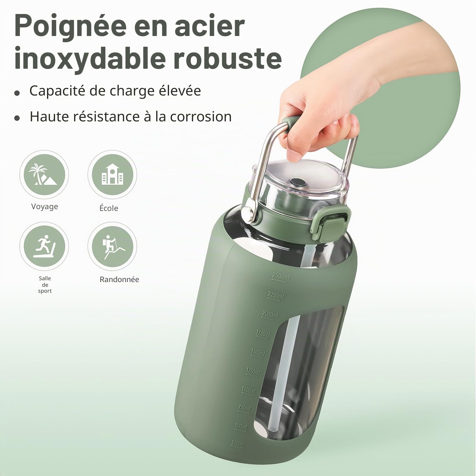 BLUEGO 2500ml Bouteille d'eau en verre avec poignée en acier inoxydable 2,5L Grande Gourd avec marqueurs de temps et manchon en silicone Carafe à eau Sans BPA pour sport, Olive