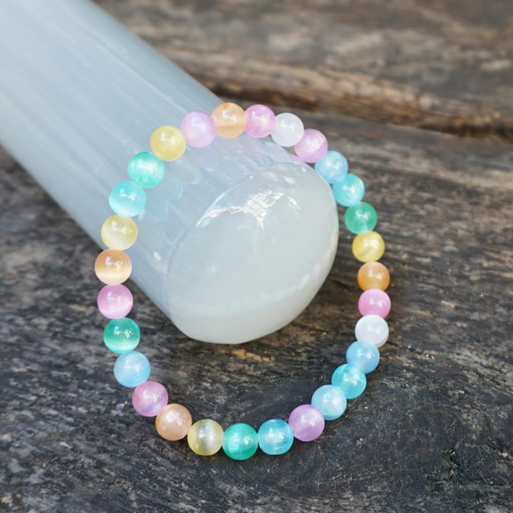 6mm Rainbow Selenite Bracelet - Iridescent Natural Crystal | Handmade Meditation Bracelet with Cat-Eye Effect | Come with Beading Tool Kit - Adjustable to 6.5-7.5 inches Wrist Size - Image 3