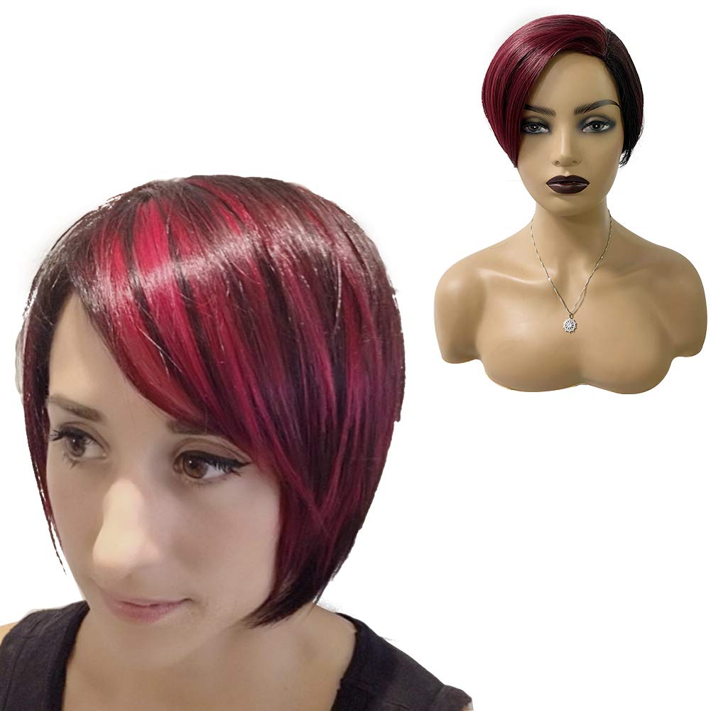 Abujia Short Pixie Cut Bob Wig for Black Women, Straight 150% Density Side Part Wig Natural Synthetic Heat Resistant Cosplay Wig(red)