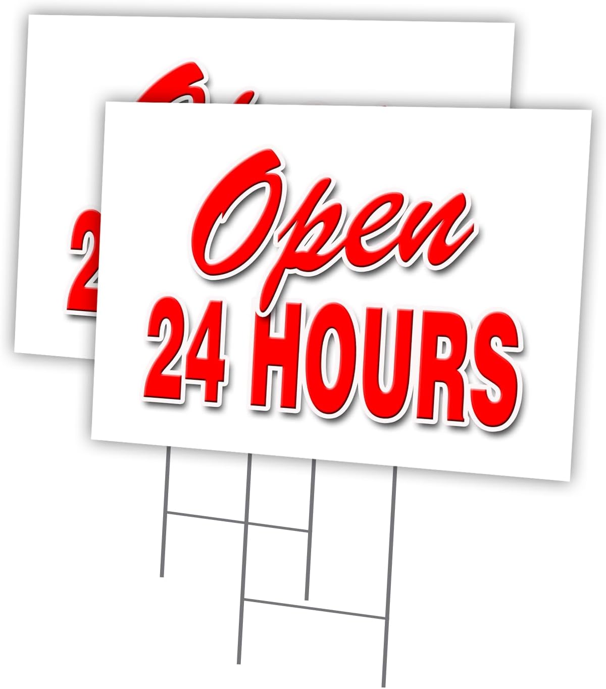 Open 24 Hours 2 Pack Of 24" x 36" Yard Sign & Stake | Advertise Your Business | Stake Included Image On Front Only | Made in The USA