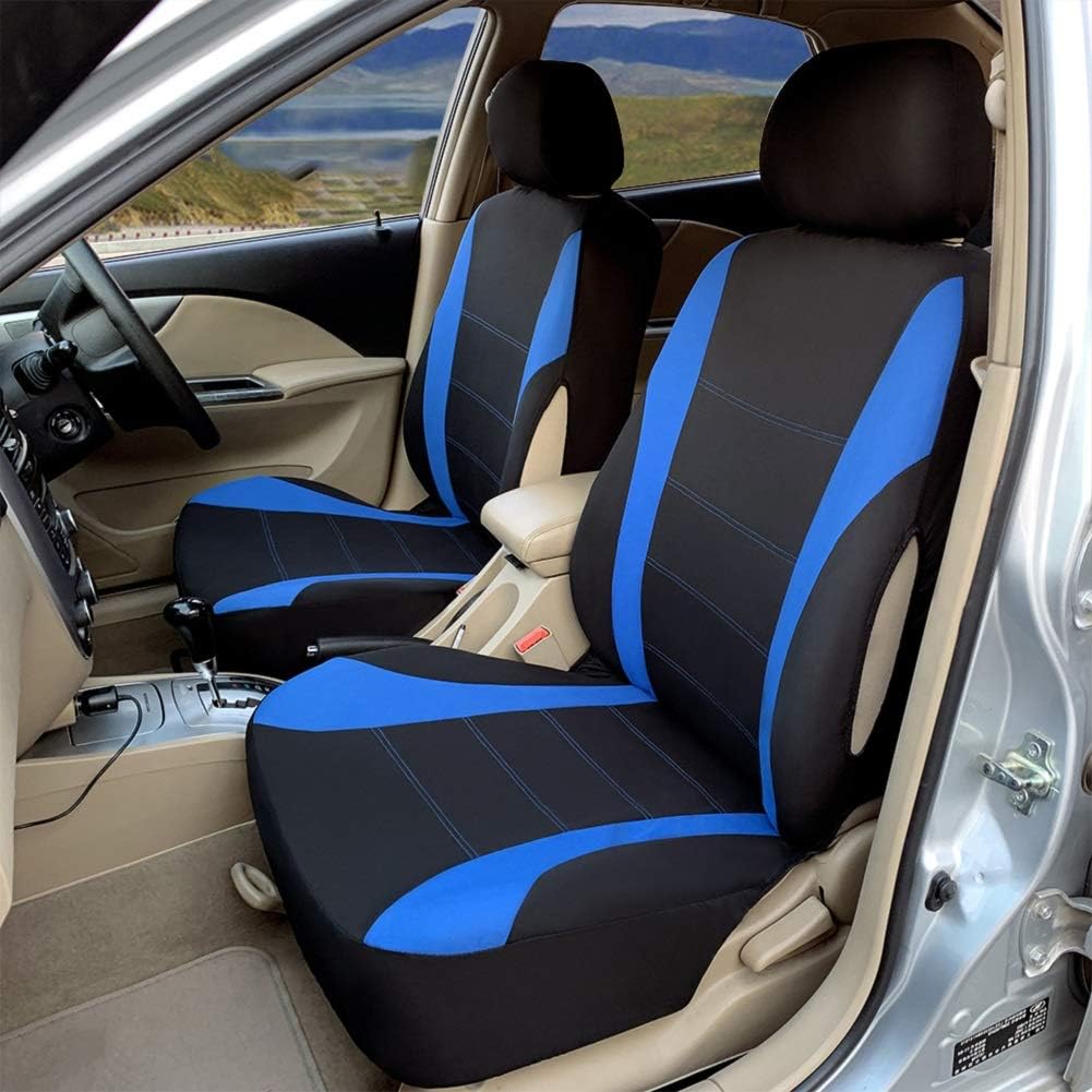 YIRU Trading Universal Fit 2 Front Car Seat Cover Set -100% Breathable Backed with 5mm Composite Sponge Inside, Airbag Compatible,for Sedan/SUV/Pick up Truck, Blue & Black