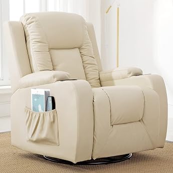 LUCKRACER Relaxsessel Fernsehsessel mit Liegefunktion und Fu st tze 360 Drehbarer TV Sessel Wohnzimmer Schaukelstuhl mit Getr nkehaltern und Seitentasche PU-Leder Wei