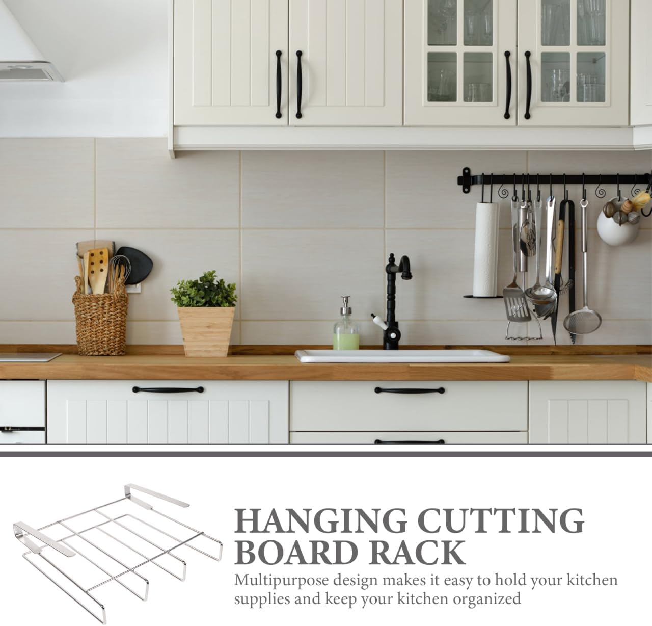 Housoutil Hanging Cutting Board Stand, Stainless Steel Chopping Board Rack, Organizer Stand Holder Cabinet Shelf Organizer Draining Rack Kitchen Storage Holder