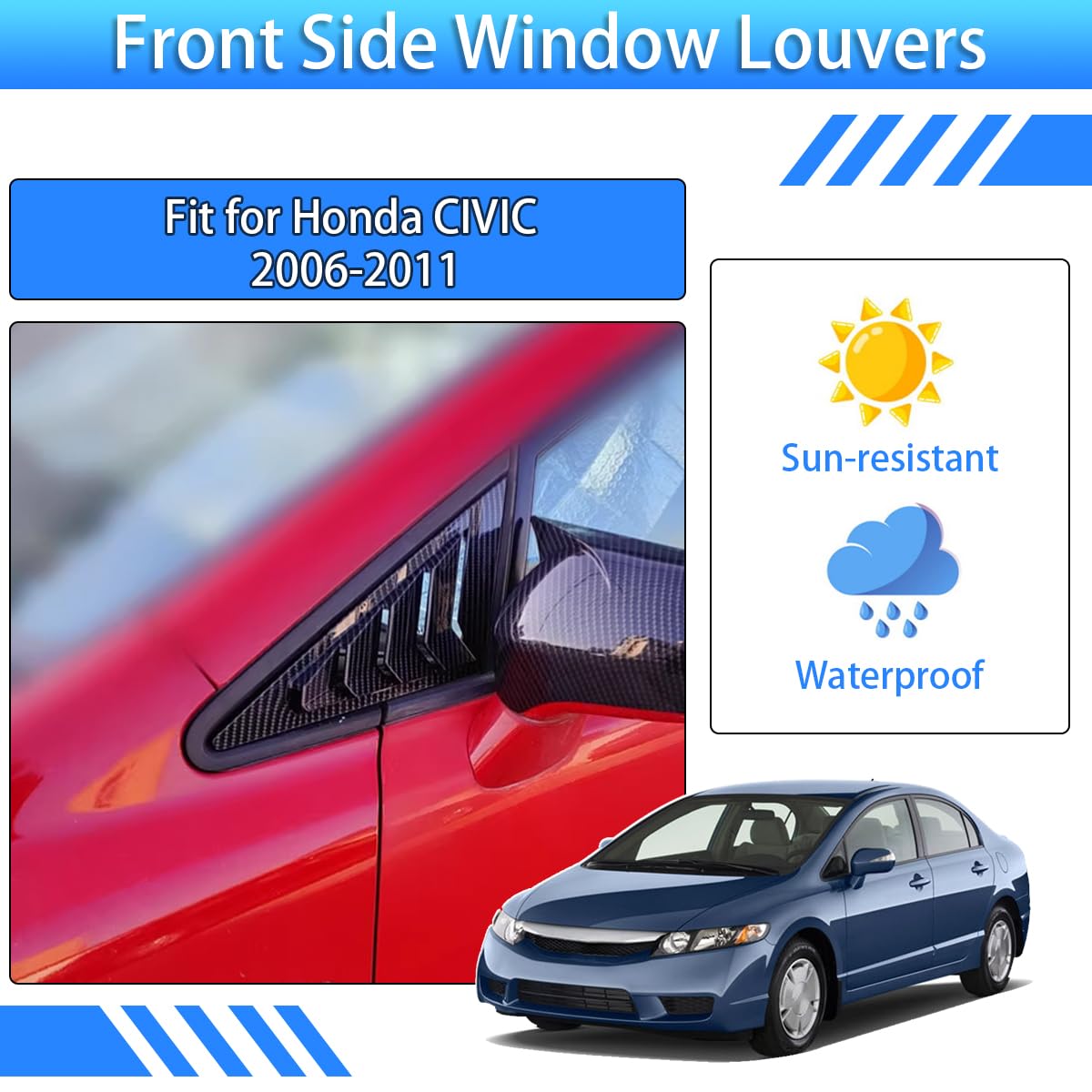 XYHGM for Honda Civic 8th Gen 2006 2007 2008 2009 2010 2011 Window Louvers Front Side Window Louvers Air Vent Scoop Shades Cover Blinds Trim Exterior Accessories 2PCS(Carbon Fiber)