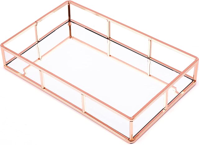PuTwo Mirror Tray, Rose Gold Perfume Tray, Decorative Tray, Metal Vanity Tray, Jewelry Tray, Tray Decor, Decorative Trays, Glass Tray, Perfume Organizer, Vanity Trays for Bathroom, Counter, Bathroom