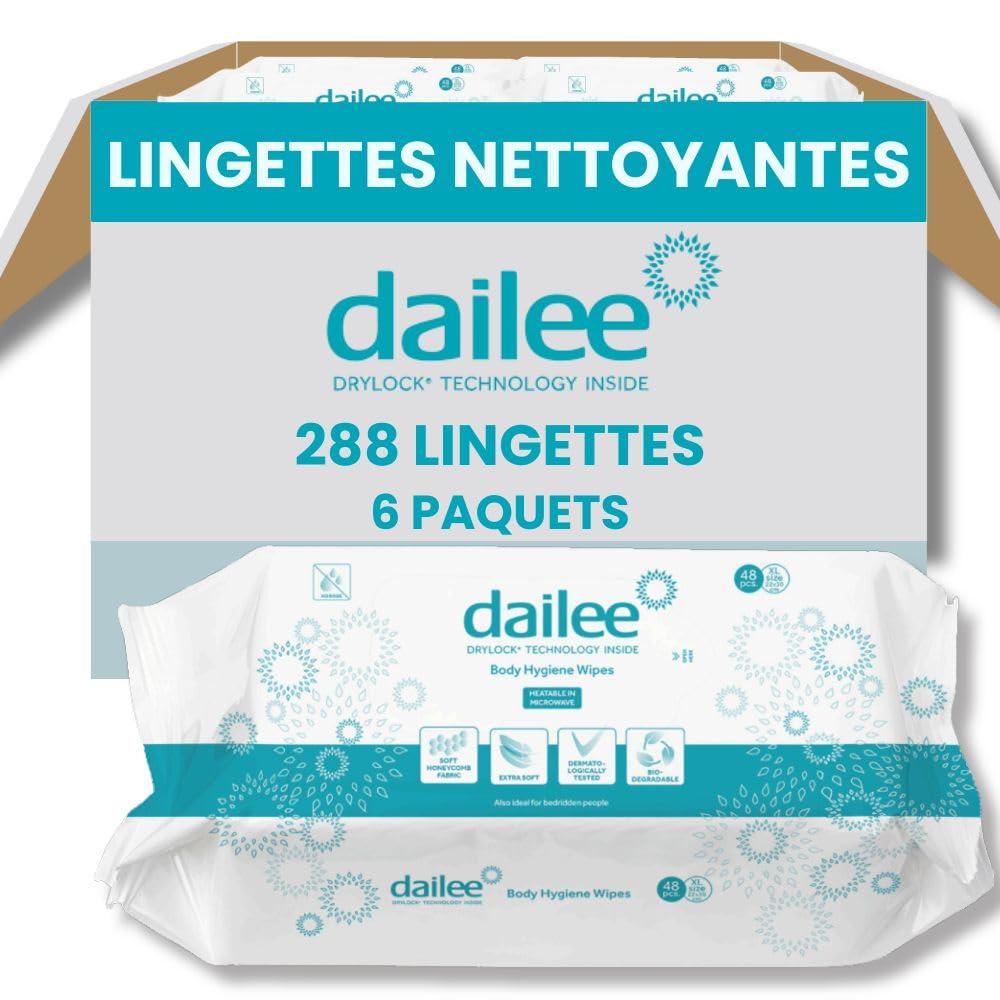 Dailee Lingettes Hygiène Adulte XL - 288 Lingettes Corps Nettoyantes Humides pour Incontinence et Hygiène Intime - Adultes, Personnes Agées, Patients Alités - 6 Paquets