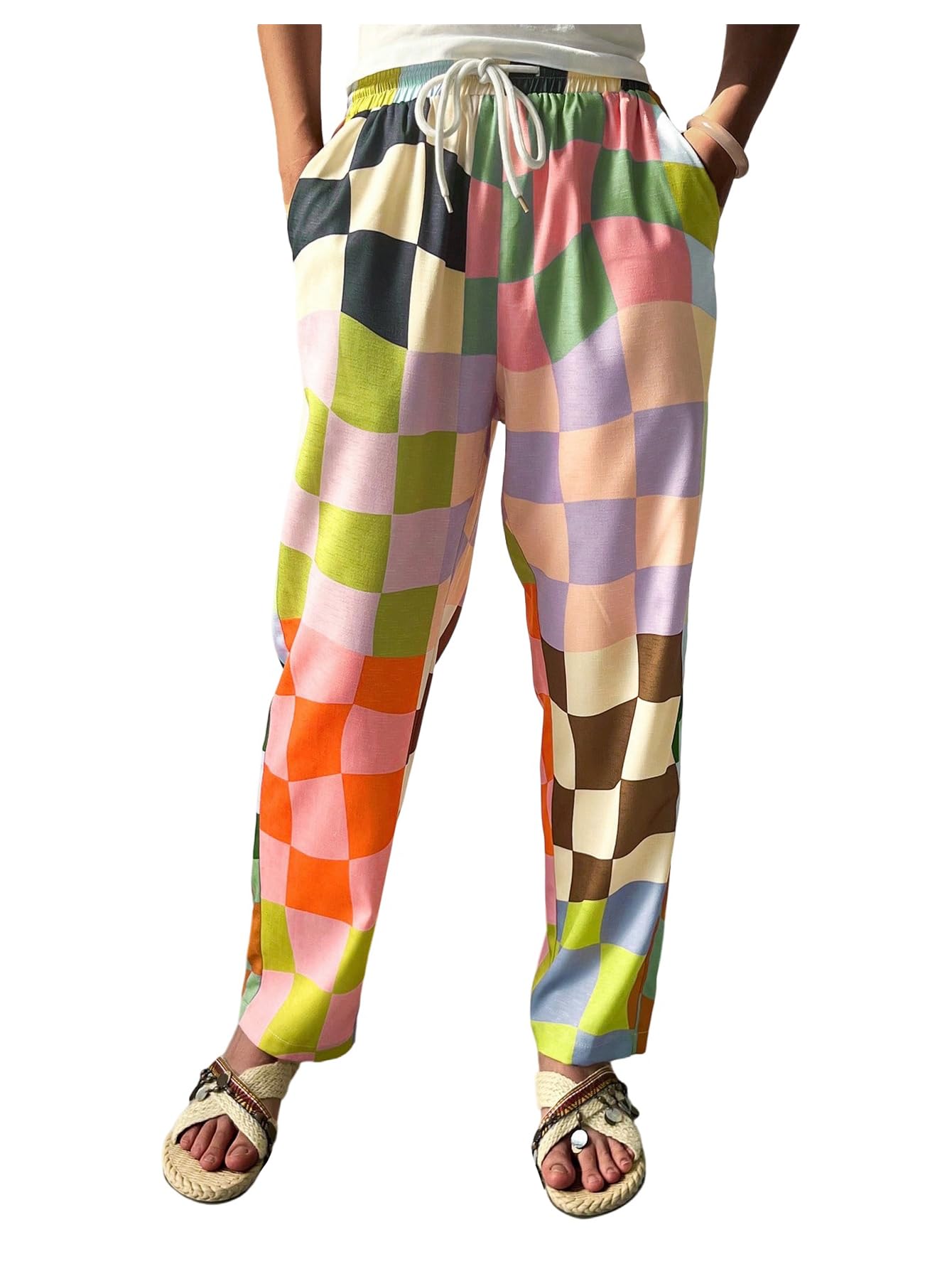Floerns Womens Checkered Color Block Pants Straight Leg Drawstring Vacation Trousers