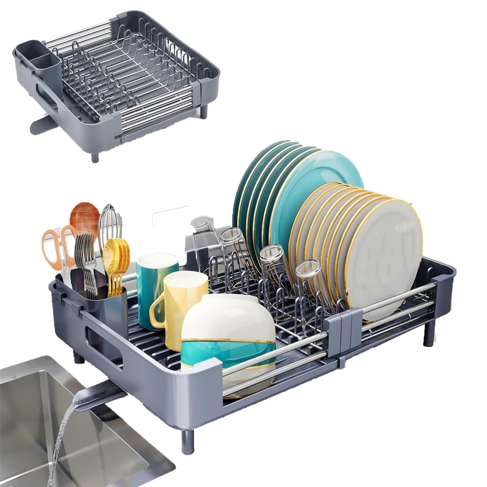 Sisliya Expandable Dish Drainer with Drip Tray, Movable Cutlery Holder