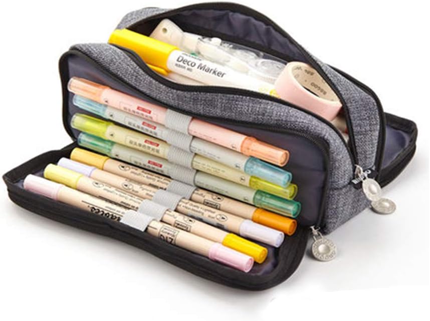 Oyachic Large Pencil Case Handheld 3 Compartments Zippered Pen Pouch Marker Organizer Convas Pencil Bag for Adults Business Office,Black