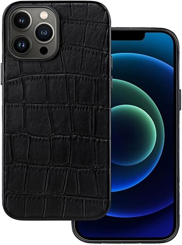 Funda de piel diseñada para iPhone 13 Pro, piel de vaca genuina, patrón de cocodrilo en relieve para iPhone 13 Pro, imanes integrados para carga
