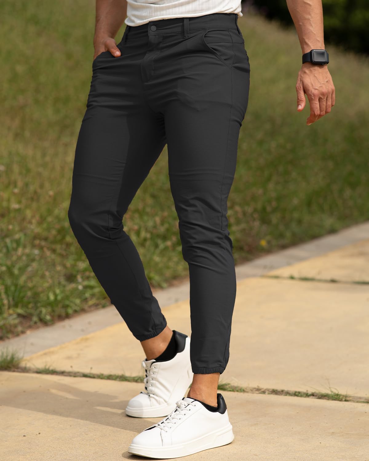 GINGTTO Mens Jogger Pants Slim Fit Chinos 26 Inseam Stretch Work Golf Pants for Men Skinny Tapered Black 32 - Image 9