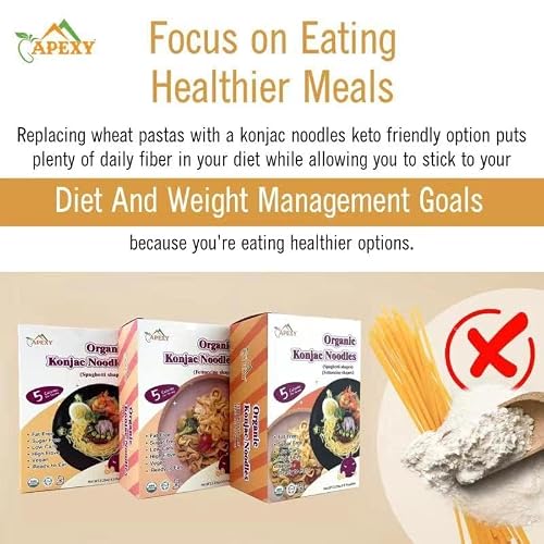 Apexy Organic Shirataki Konjac Noodle with Organic Oat Flour 42.24oz 8 Pouches Inside Healthy Diet, Low Calorie, Low-Carb Gluten Free, Vegan, Keto and Paleo-Friendly. (Spaghetti Shapes)