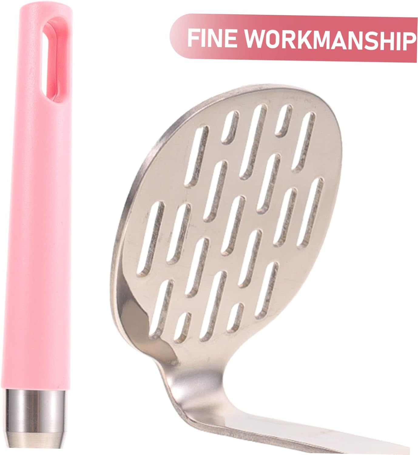 Stainless Steel Potato Masher with Thickened Fine Mesh Plate Manual Vegetable Crusher for Fast Puree of Potatoes Carrots Pumpkin Kitchen Tool for Smooth Mashing Pink Handle