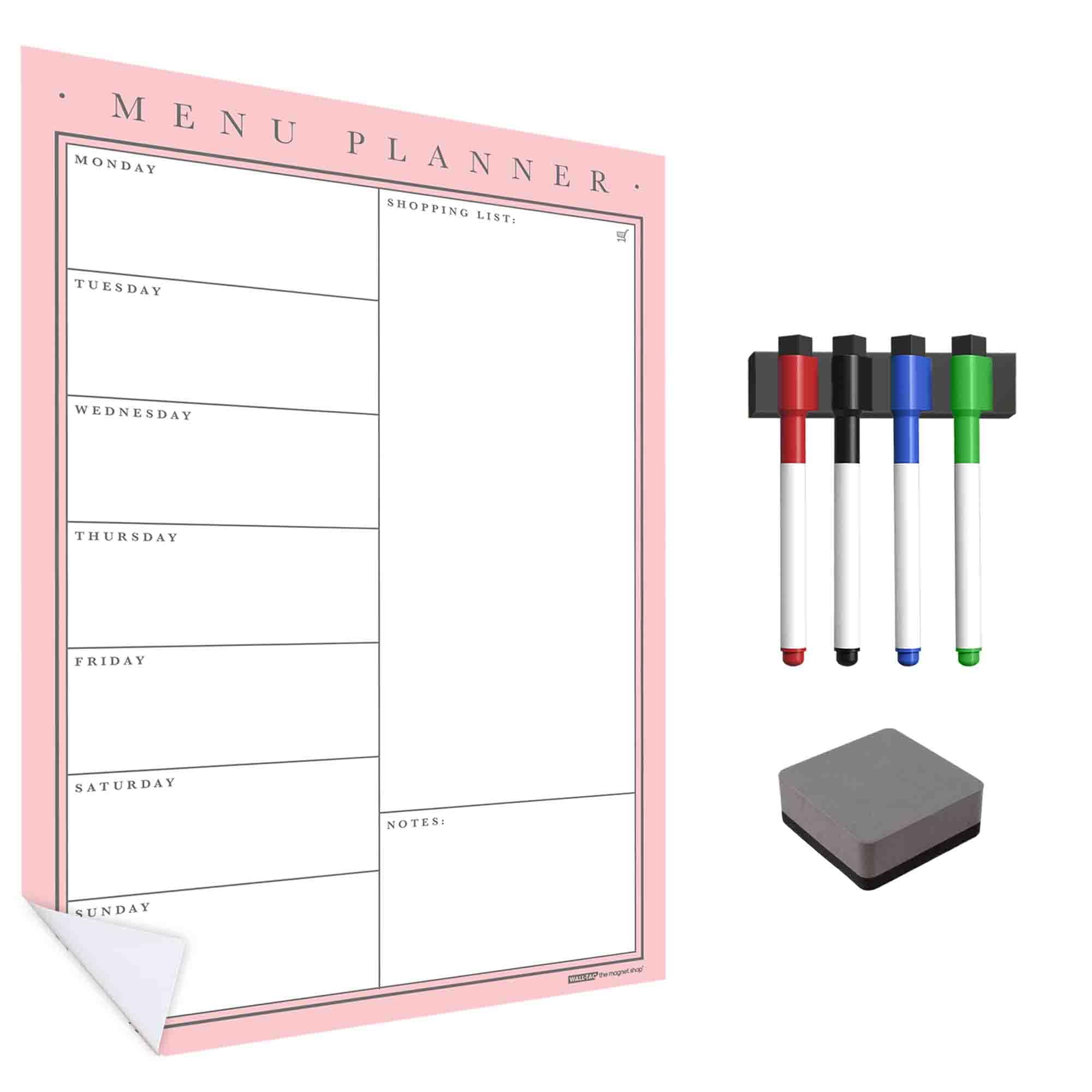 WallTAC Wall Meal Planner A2 | Weekly Organiser and Family Planner | Reusable, Removable and Re-Positionable Self-Adhesive Whiteboard Menu (Blush Pink, A2) — image 1