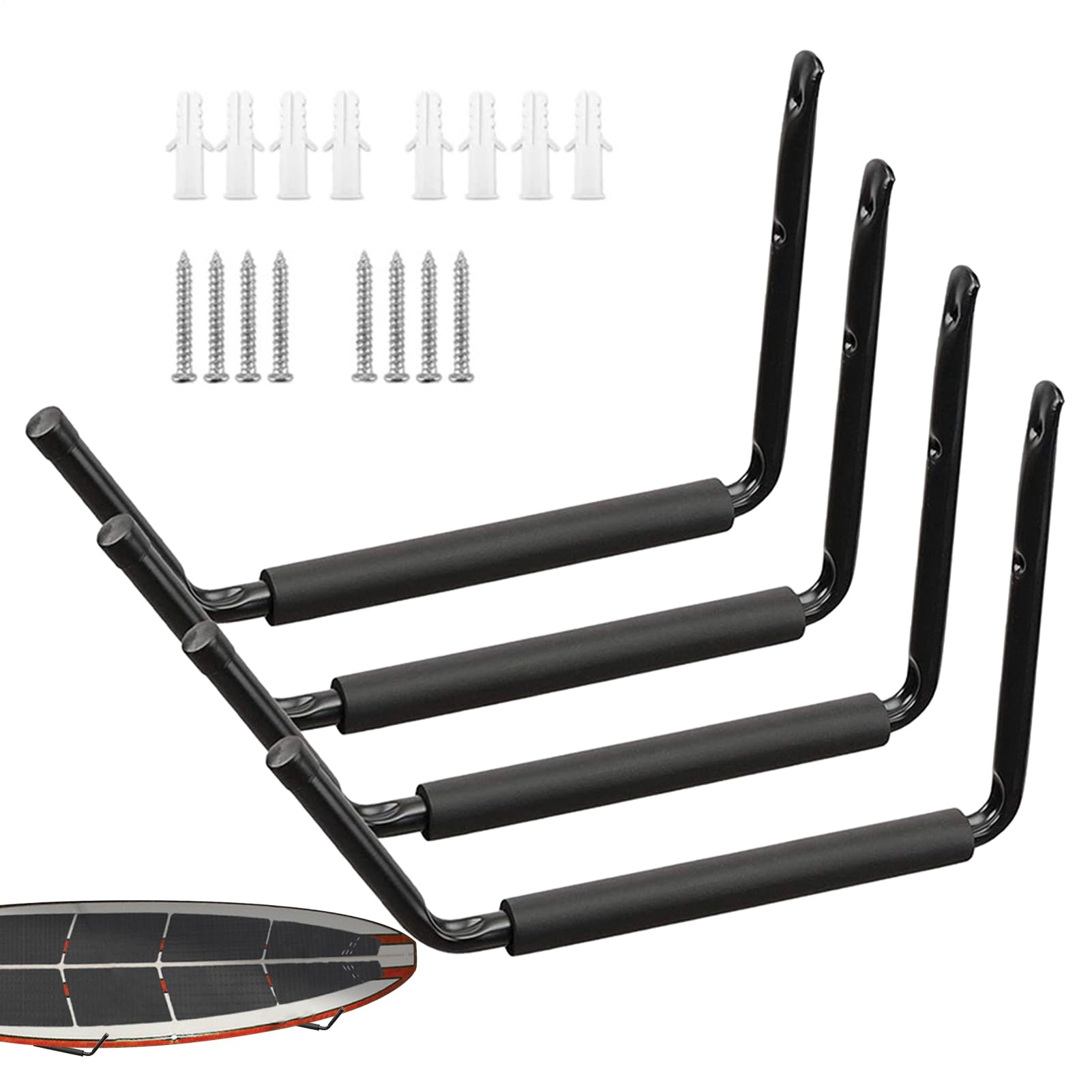 Rack de kayak montado en la pared, soporte de pared de kayak | Estante de tabla de surf de metal,4x ganchos de pared de garaje, perchas de almacenamiento de servicios públicos para canoas surf