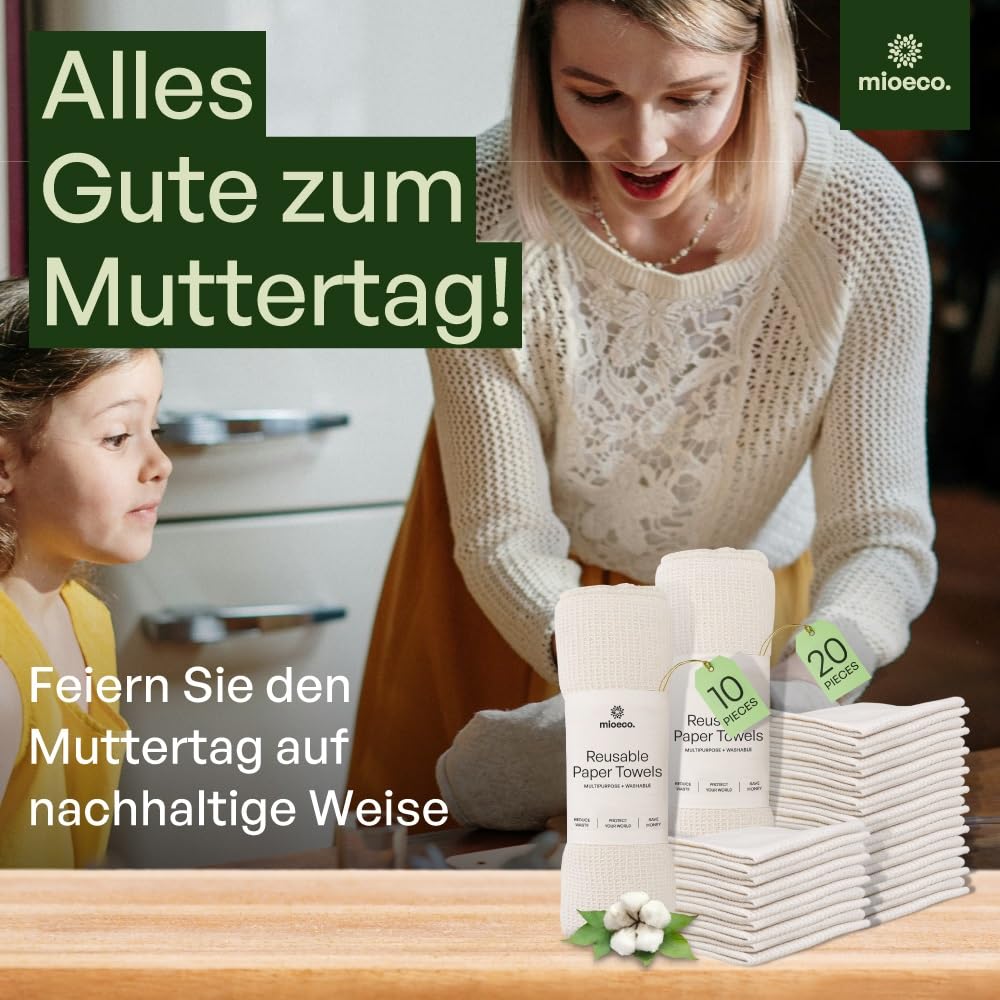 Mioeco 20er-Pack Wiederverwendbare Küchentücher - Waschbare Spültücher aus Bio-Baumwolle - Alternative zu Küchenrollen & Baumwoll Putztüchern - Saugfähig, Robust & Umweltfreundlich