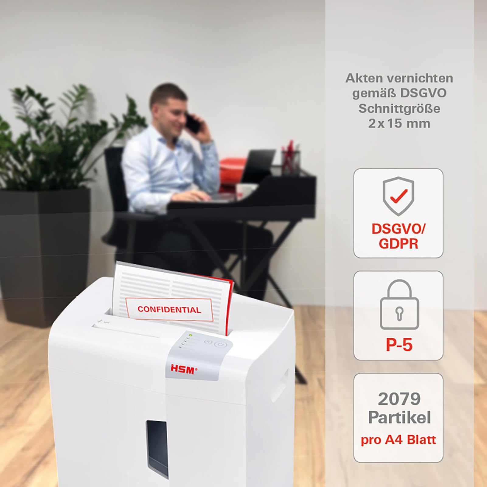 HSM shredstar X12pro Office niszczarka do papieru A4 (maks. 12 arkuszy jednocześnie, cięcie cząstek), karty kredytowe i płyty CD | materiały biurowe (niszczarka papieru) z poziomem bezpieczeństwa P-5