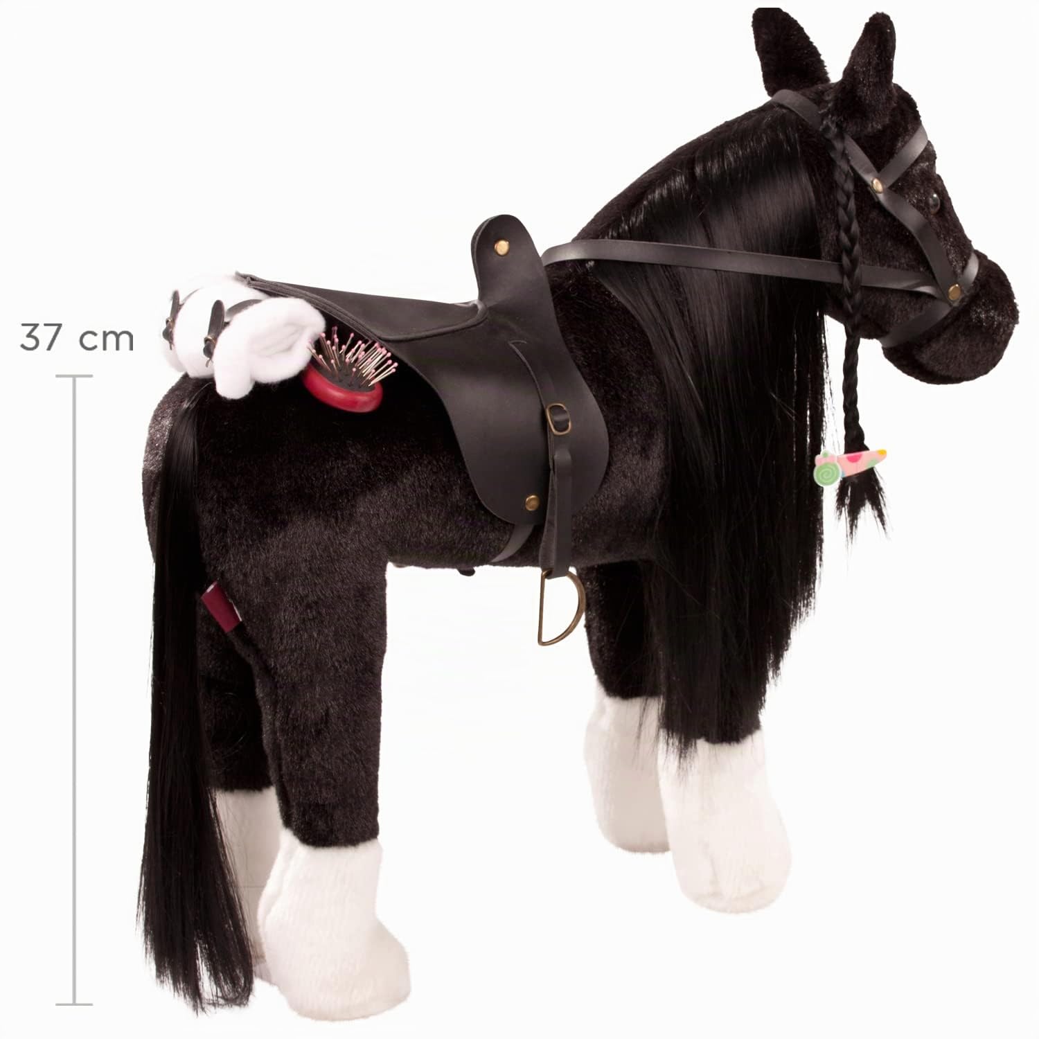 Götz 3402783 Rappe Max Kämmpferd mit Sattel Plüschpferd für Puppen | 6-tlg Pferd, Zubehör für Stehpuppen bis 50 cm, Mähne kämmbar, Zaumzeug, Höhe ca 52 cm, Stockmaß 37 cm, für Kinder ab 3 Jahren