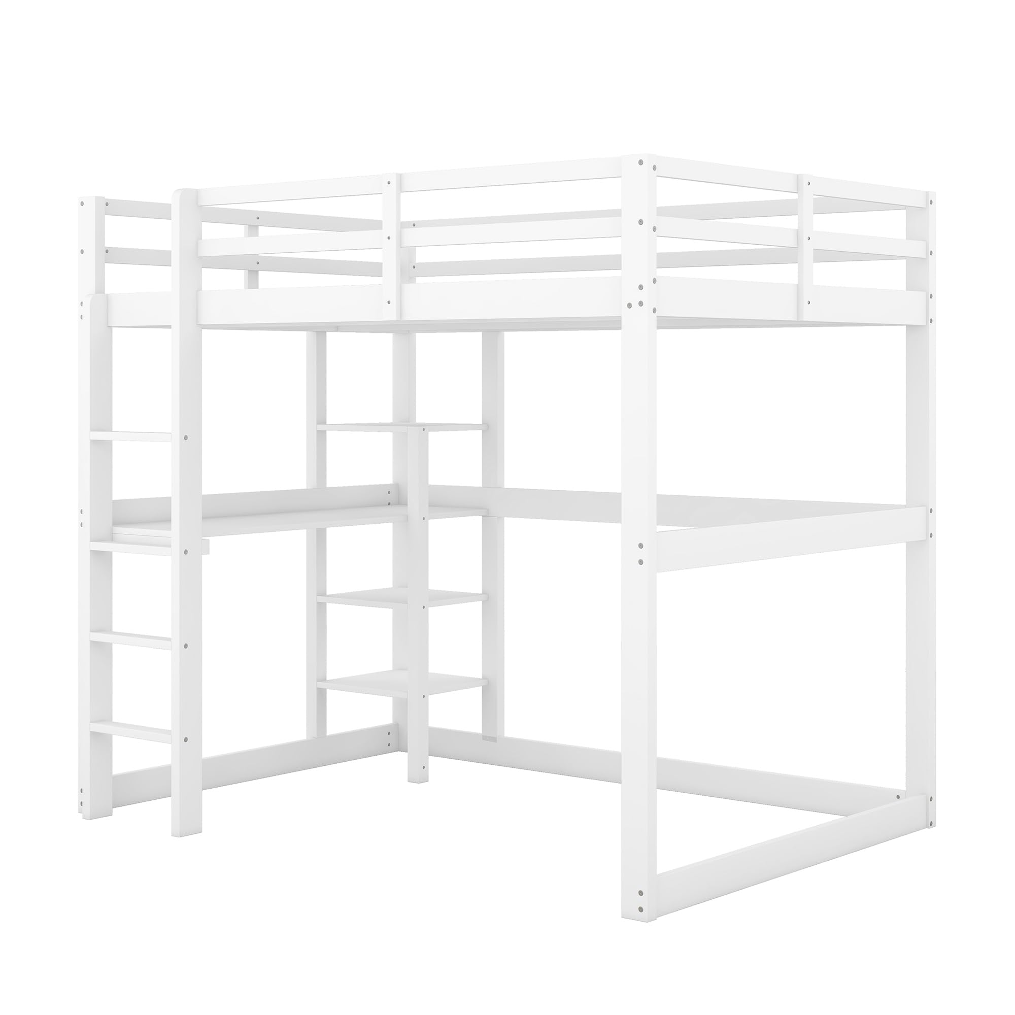 140 x 200 cm, letto a soppalco con vano portaoggetti, completamente in pino, con 4 ripiani e una scrivania (bianco), WX000122