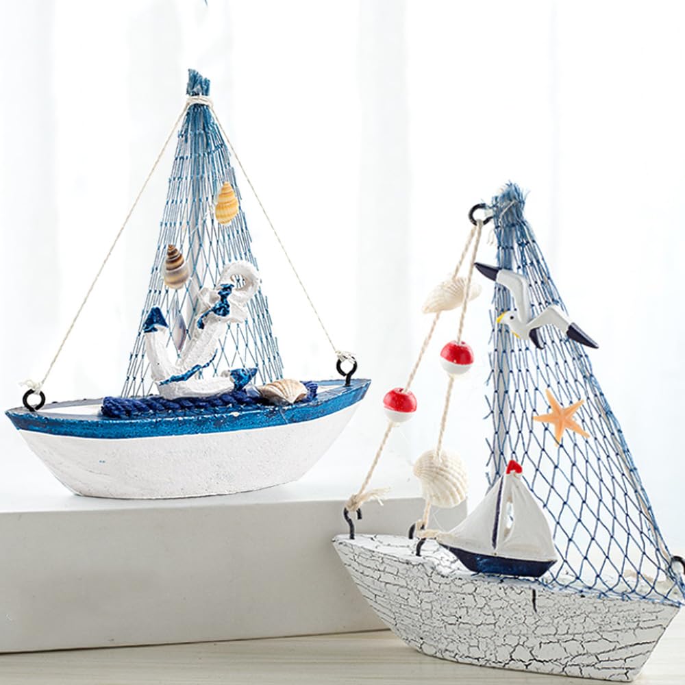 Mini Voilier Bateau En Bois Avec Décor Filet De Pêche Ornement Nautique