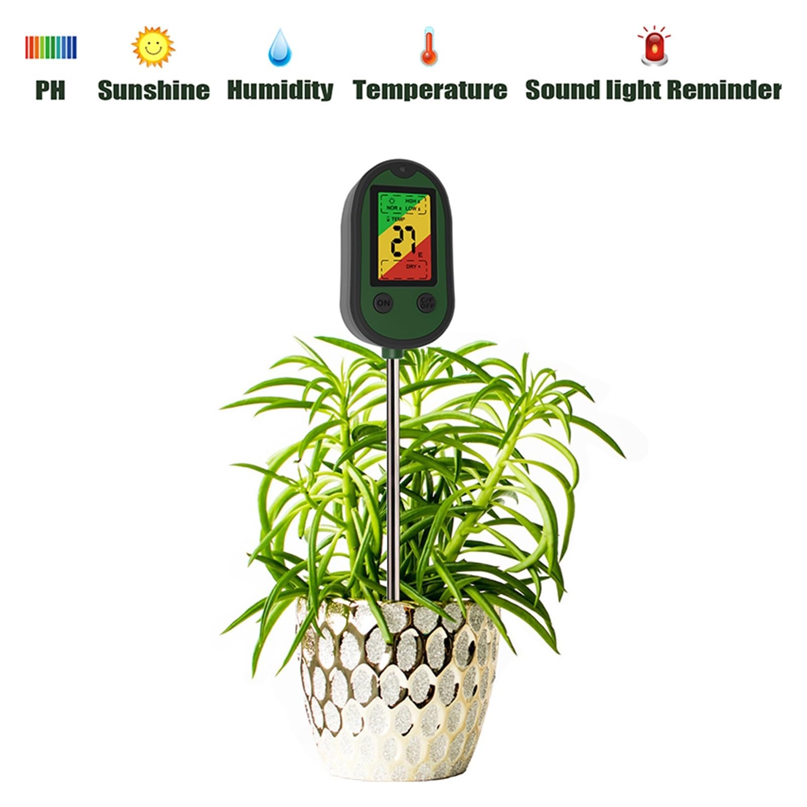 Probador de suelo 5 en 1, medidor de PH, medidor de humedad de plantas, temperatura, luz solar, medición de intensidad, análisis, alarma, Monitor de prueba de acidez del suelo
