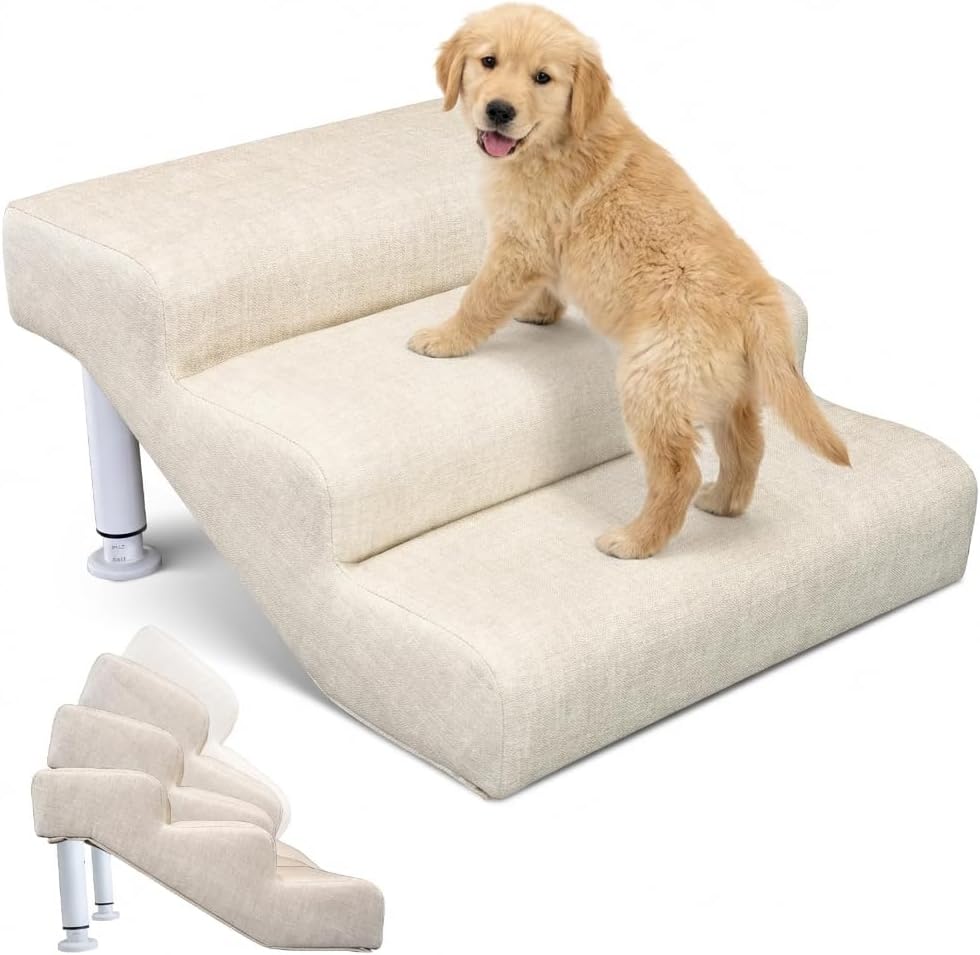 Adjustable Dog Stairs & Ramp for Cats and Dogs, 3-Step Pet Stairs for High Beds and Couch, 11.8"–14.5" Height, Linen Faux Leather, Waterproof, Scratch-Resistant, Non-Slip Indoor Pet Ramp
