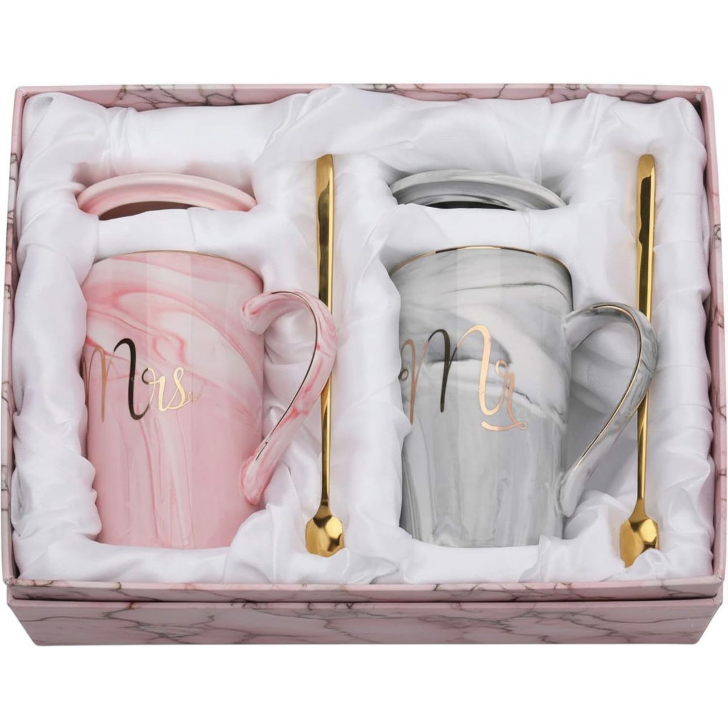 NYRWANA Coffee Mug, Couple Present, Wedding Present for Couples, Marriage Presents for Wedding, Valentine Gift, Mr & Mrs Set of 2 Coffee Mugs, Lids, Golden Spoon & Beautiful Gift Box (380ml-Ceramic)
