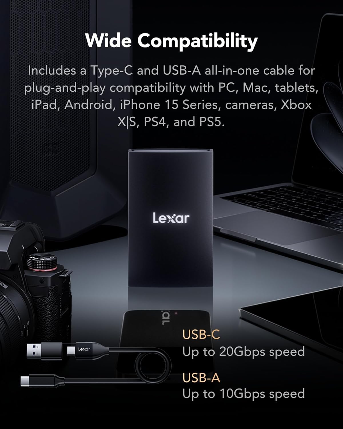 LEXAR AR700 Portable SSD 2TB | 2000 MB/s Lesegeschwindigkeit mit IP66-Bewertung und 256-Bit-AES-Verschlüsselung für PC, Mac und iPhone 15