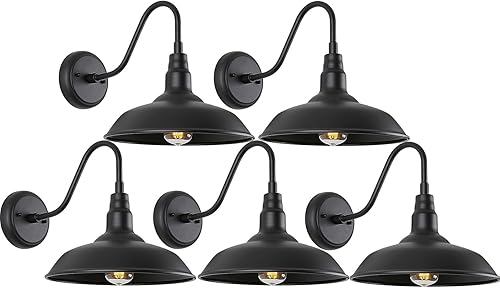 Paquete de 5 (1+4) luces de granero de cuello de cisne para exteriores de 14 pulgadas de cúpula negra mate para granja, LM2202