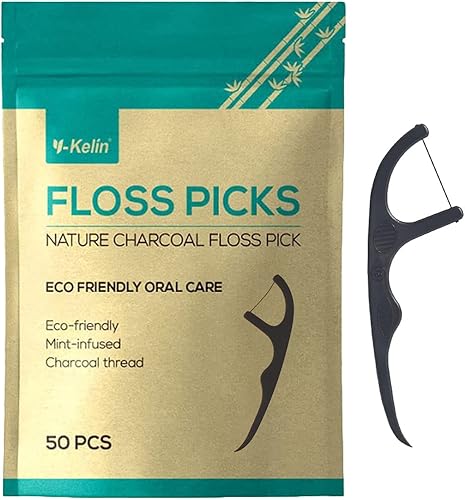 Miniatura 5 de Y-Kelin Palillos de hilo dental natural, veganos, ecológicos, de carbón de bambú negro, palillo de dientes para el cuidado bucal con un sabor fresco