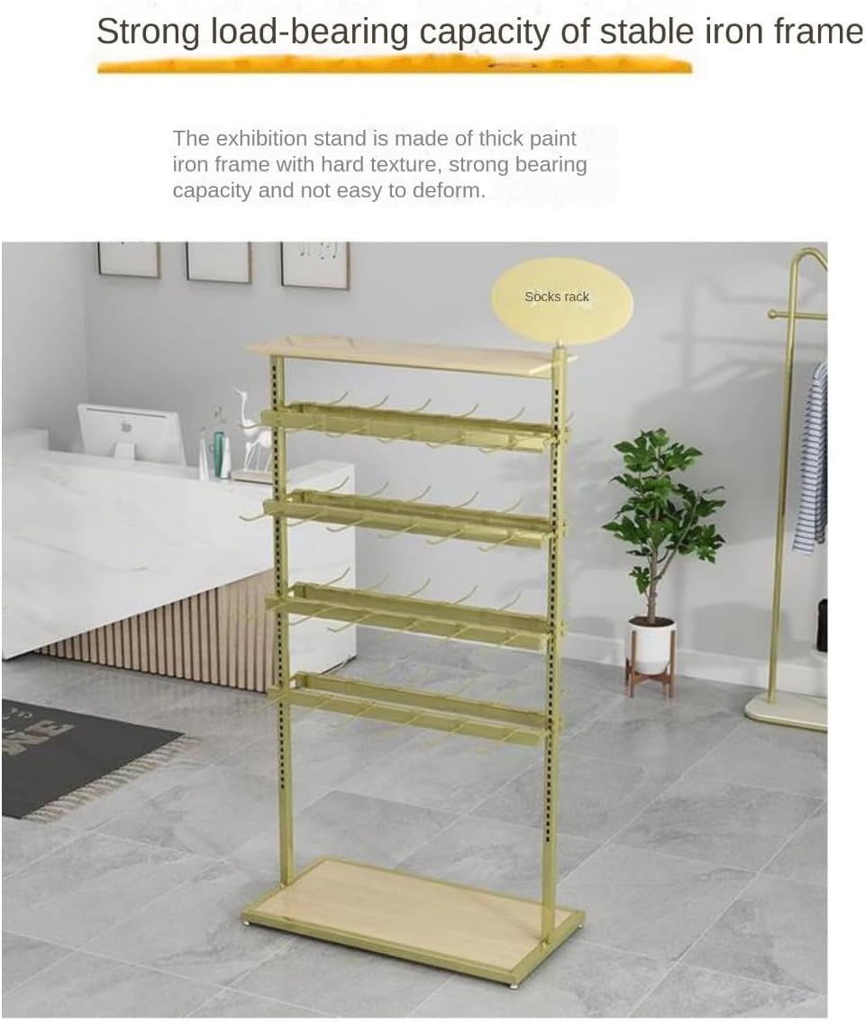 Gold Iron Multi-layer Hook Adjustable Tiered Shelf Floor Mount Sock Display Stand Rack (31 * 16 * 53 inches) for Retail, Craft Shows and Home Use