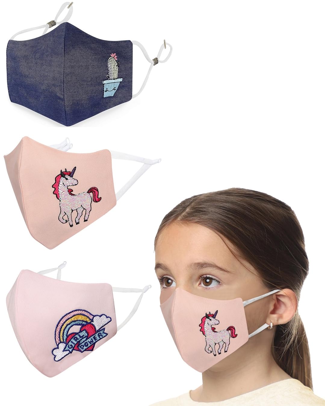 MASQ By Q-One Special_Power 4 Layer, Reusable, with Lanyard & Ear Adjusters, Anti-Bacterial, BFE>99% Embroidered Cotton Cloth Face Mask for Kids (7-12 Years, Denim Blue-Pink-Peach, Pack of 3,