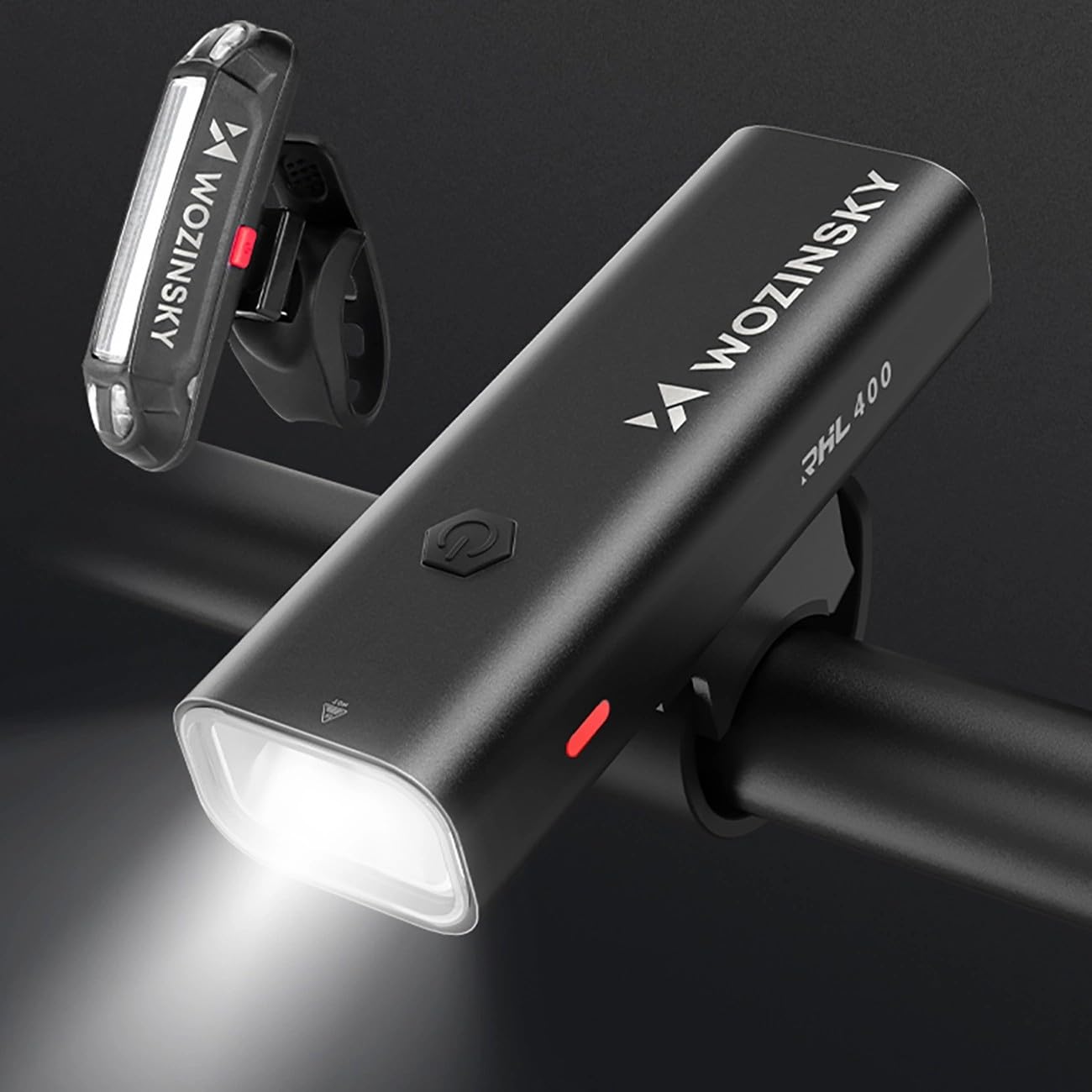 Wozinsky Zestaw Lampek Rowerowych WSBLB2, Przednia 400 lm z Tylną, Czarny, Aluminiowo-Plastikowy, Ładowanie USB-C
