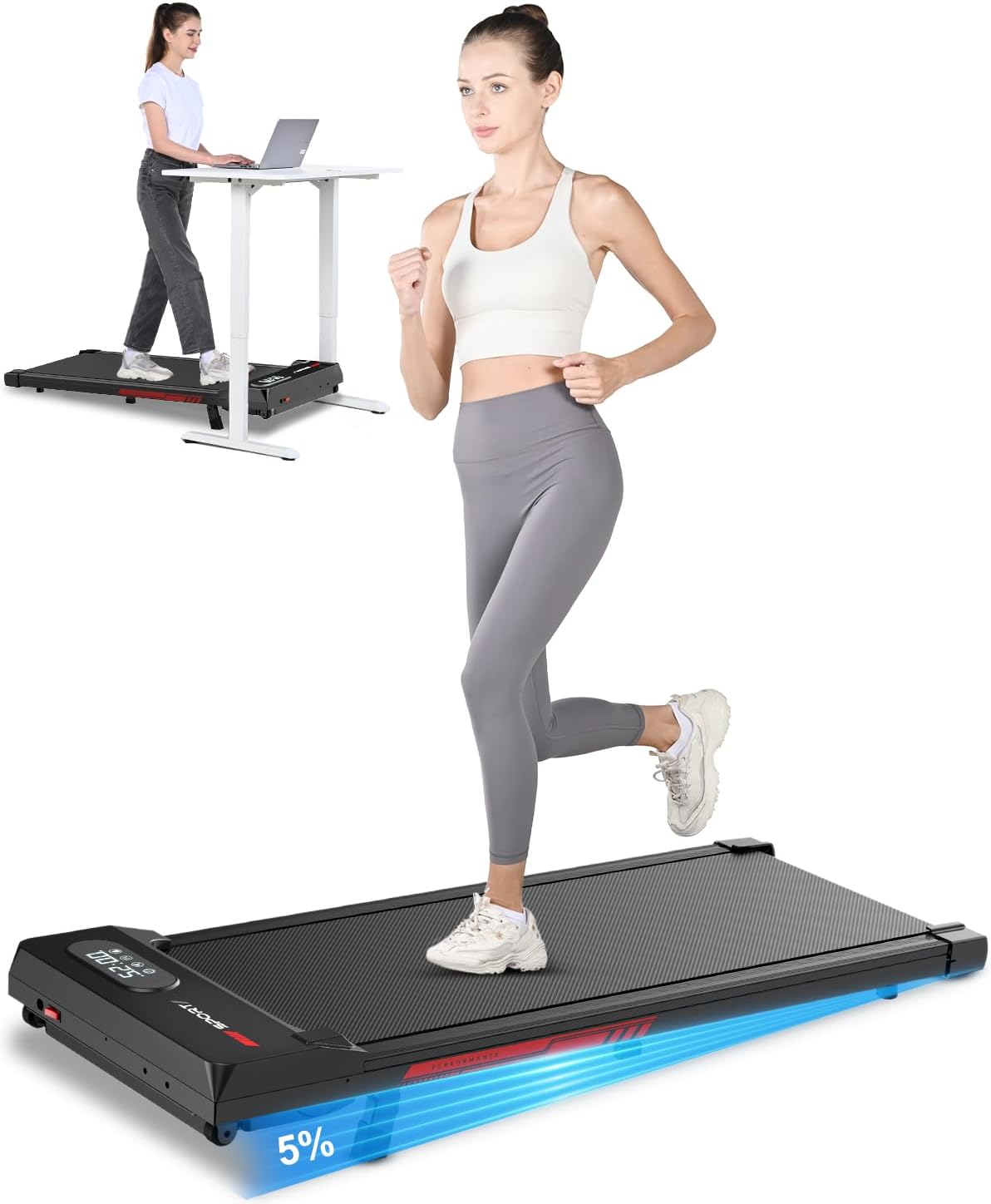 Walking Pad with Incline, HomeFitnessCode 2.5HP Under Desk Treadmills for Home, Portable Motorized Electric Walking Machine with LED Display & Remote, Adjustable Speed, No Assembly (Black-Incline)