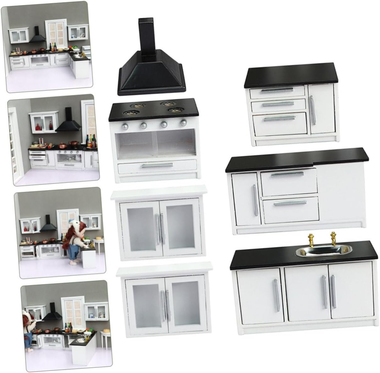 Homoyoyo 12 Scale Mini Wooden Dollhouse Kitchen Furniture Set, White Miniature Gas Stove and Cabinets, 7pcs Mini House Kitchen Accessories for Creative Play