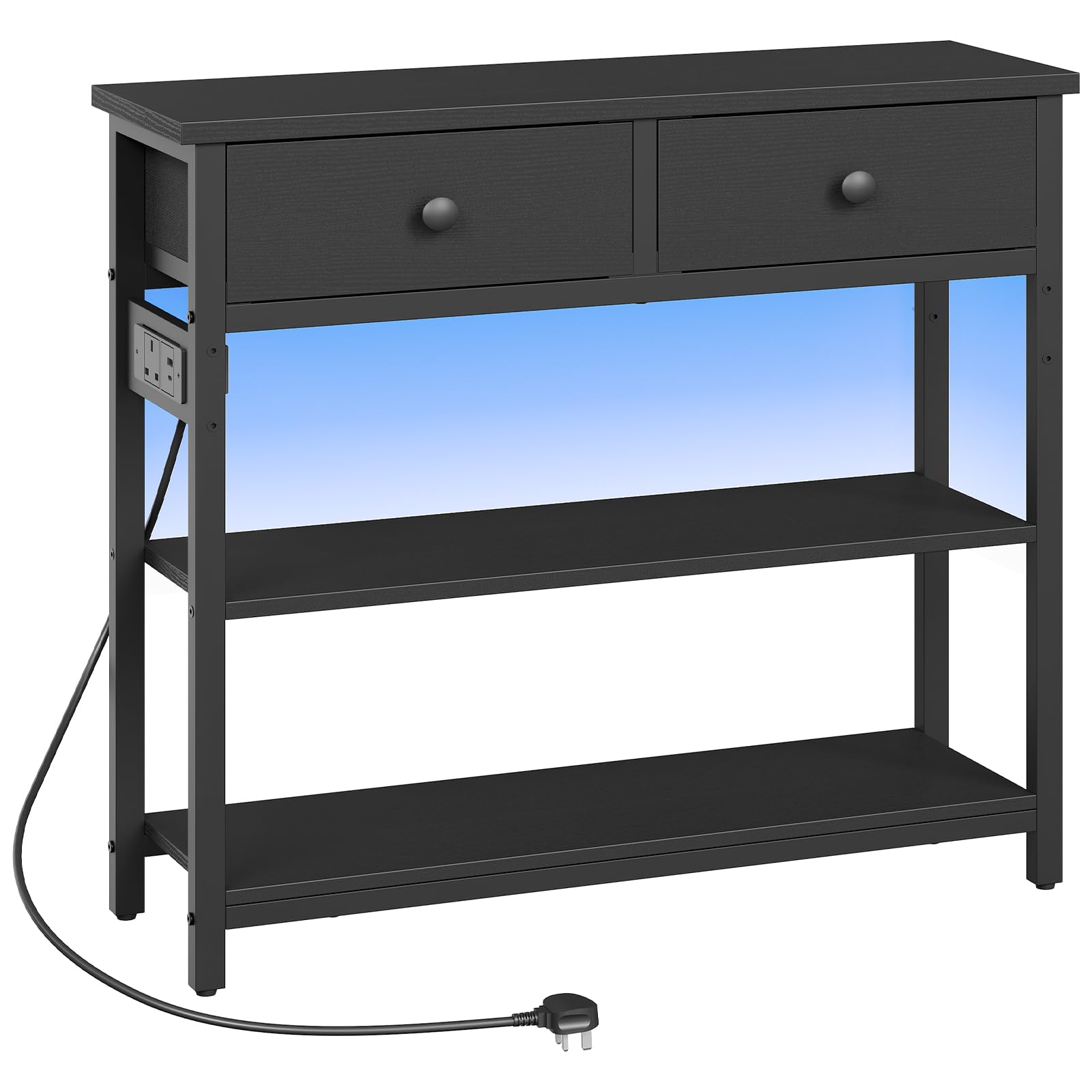 HOOBRO Console Table with Charging Station, 2 Drawers and LED Light, Narrow Hallway Table, Sofa Side Table, Display Stand, Slim Console Table for Hallway, Living Room, Black EBB91KDXG01