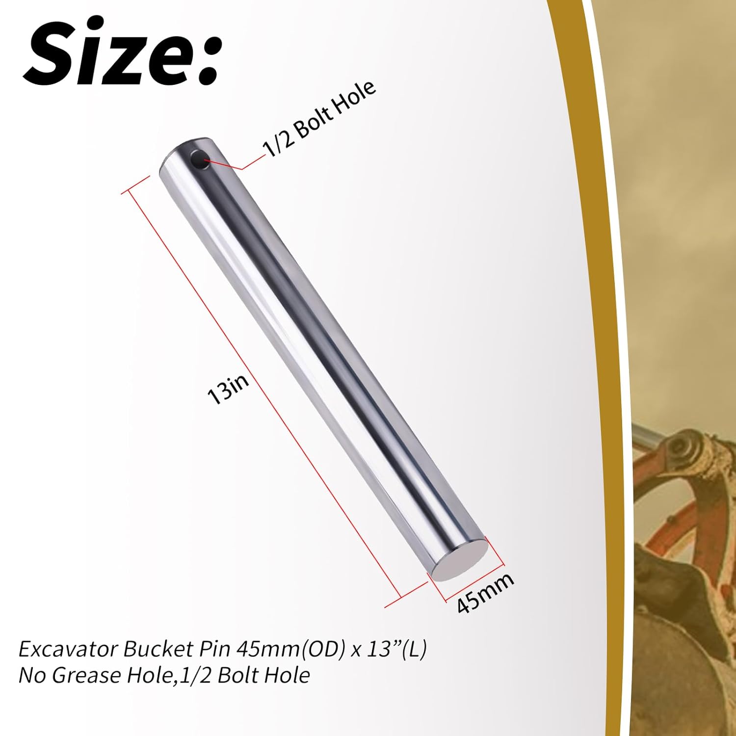 XTPTFABS Excavator Bucket Pin 45mm x 13” Compatible with Caterpillar John Deere Excavator(No Grease Hole,1/2 Bolt Hole)