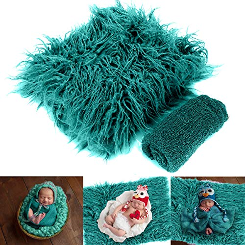 Image of Baby Photography Props Fluffy Blanket + Ripple Wrap Set Newborn Photography Wrap Mat - Dark Green