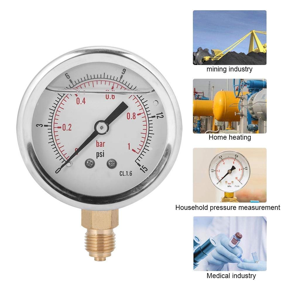 Manomètre à Vide Radial Rempli d' Jauge de Pression Négative -1 à 0 bar (-30 à 0 inHg) Double Échelle Boîtier Acier Inoxydable Raccord Laiton 1/4" BSP pour Pompes à Vide et Systèmes de