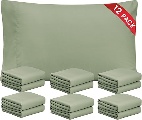 FreshCulture Sage Green Pillowcases Queen Size 12 Pack - Bulk Pillowcase Set - Envelope Closure - Soft Brushed Microfiber Fabric - 20x30 Inches