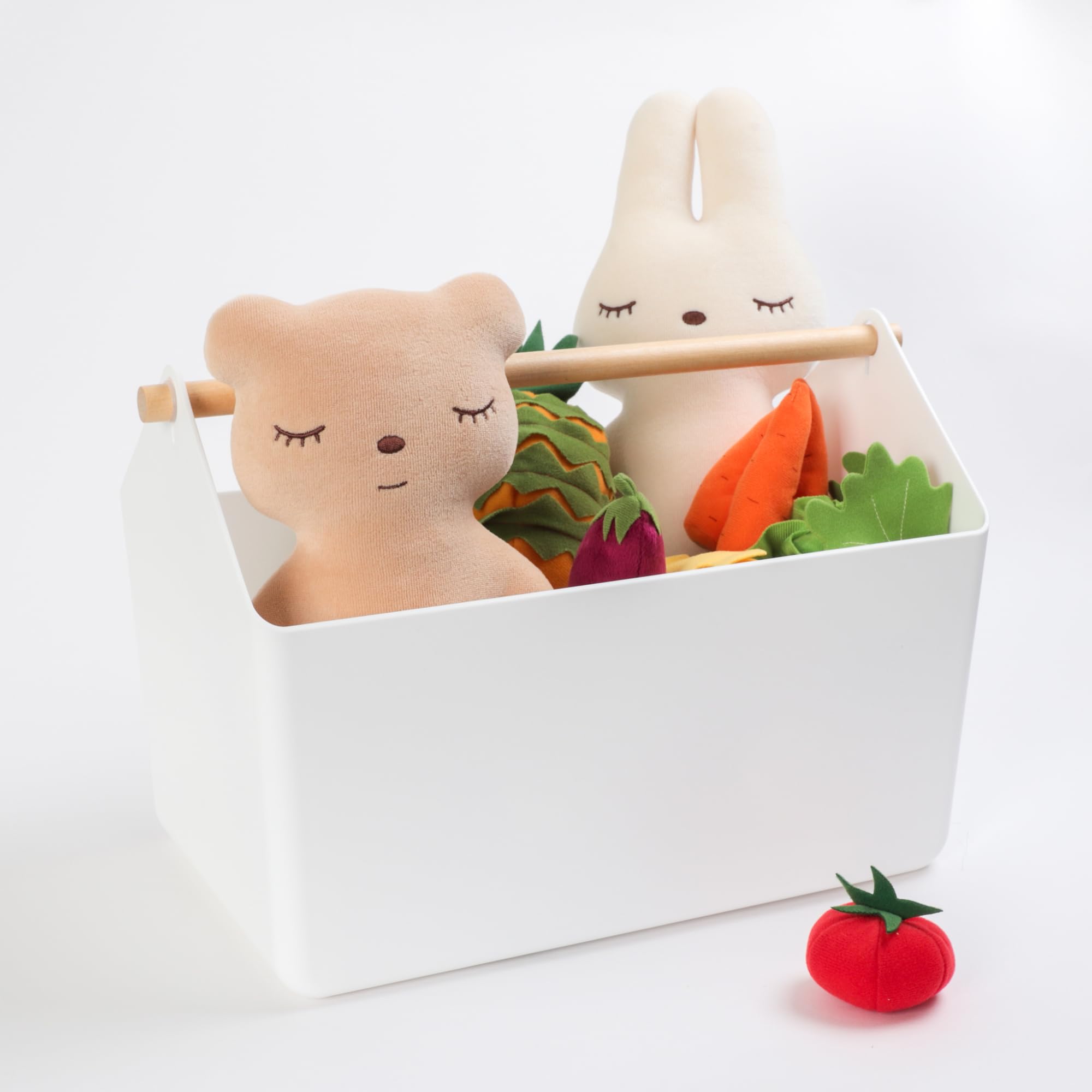 BLUE GINKGO Cesta de almacenamiento grande - Organizador de plástico con mango de madera para baño, despensa o suministros de limpieza (blanco)