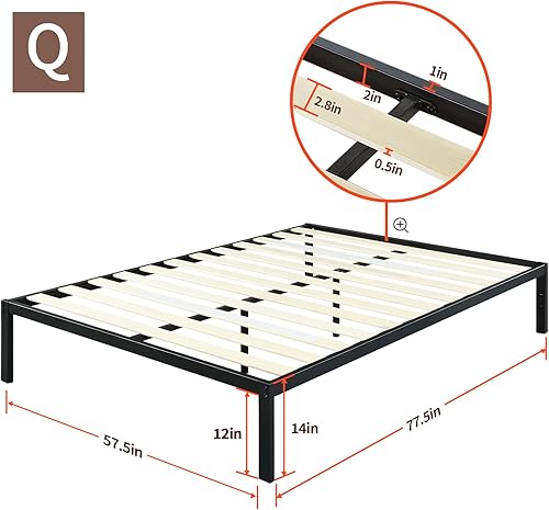 Miniatura 10 de PrimaSleep Marco de cama de acero resistente de 14 pulgadas, antideslizante, cómodo marco de cama, sin ruido, fácil de montar, color negro, tamaño