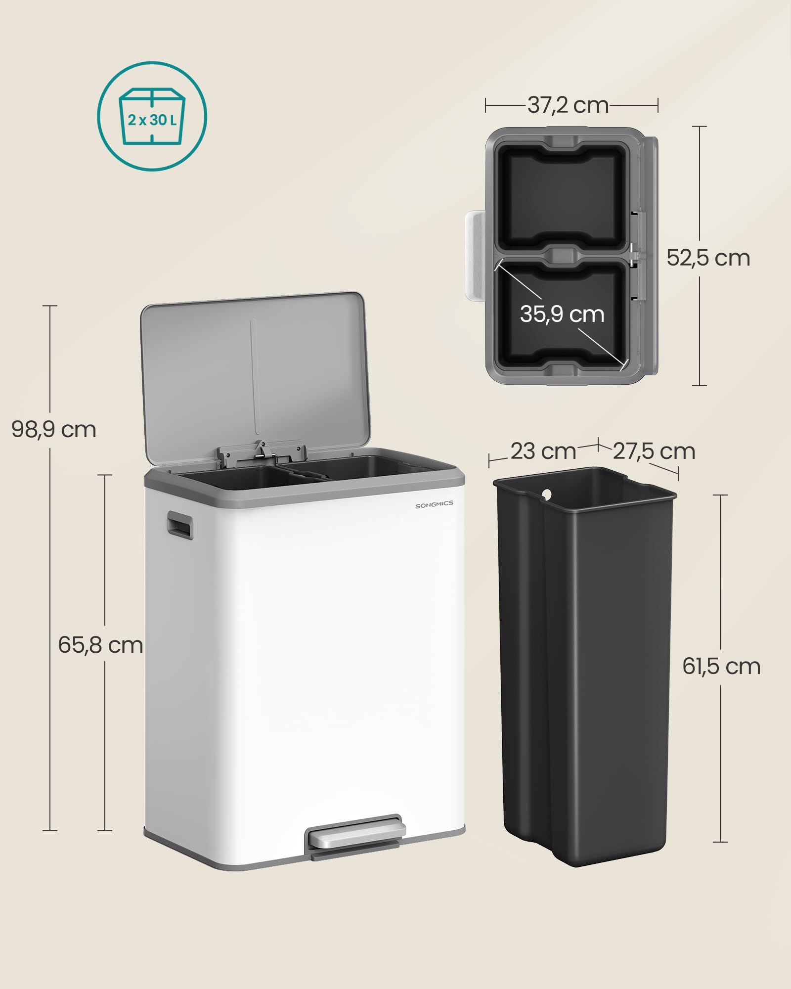 SONGMICS Papelera de Cocina, 2 x 30 L Cubo Doble para Reciclaje y Basura, Cubos Interiores, Acero, Tapa de Cierre Suave, Pedal Ancho y Robusto, Blanco Nube LTB556W02 | POWE LTB556W02 - Cubo de basura (2 compartimentos, tapa de cierre suave, pedal ancho, r