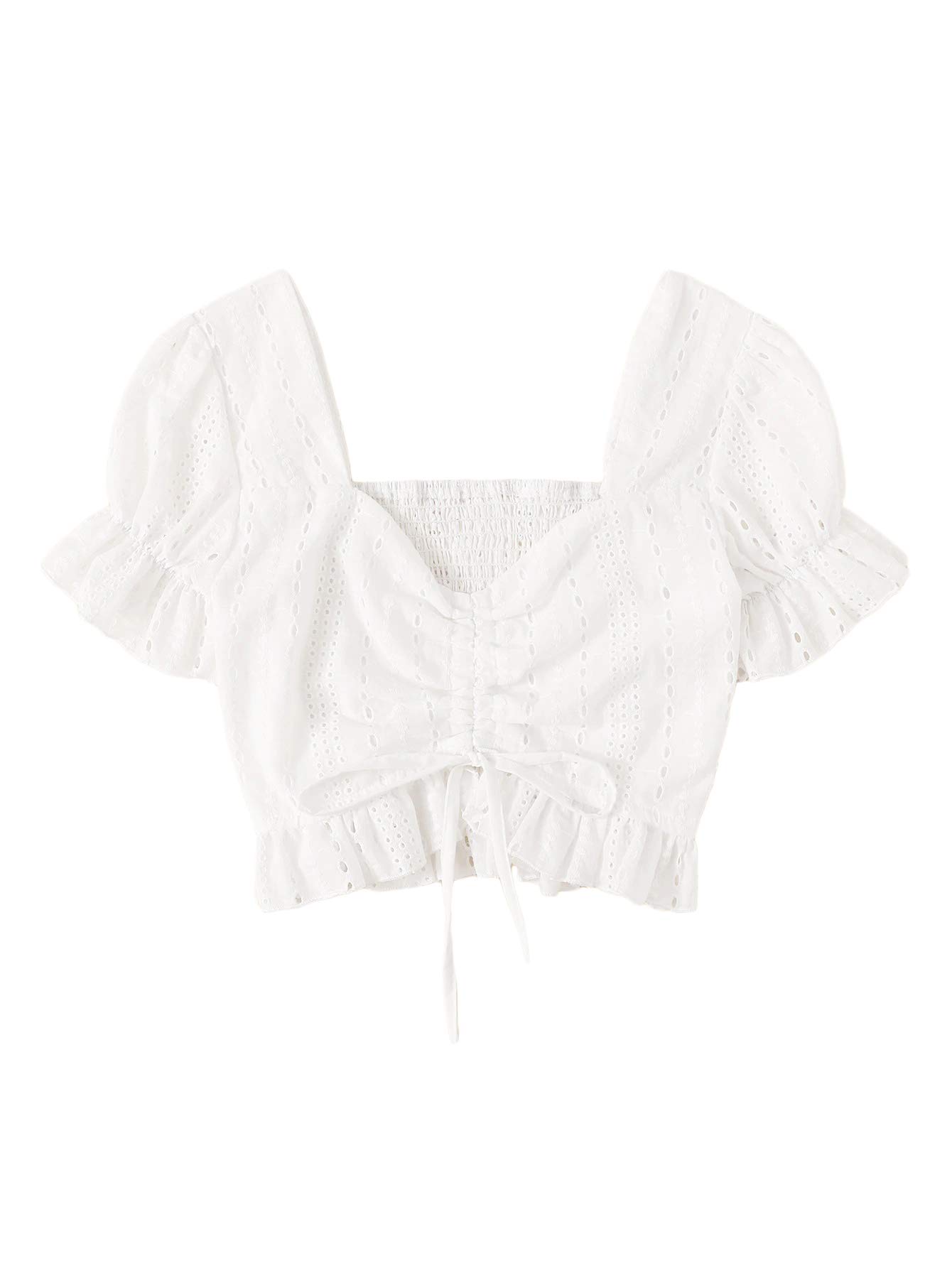 FloernsWomen's Summer Square Neck Schiffy Drawstring Front Crop Top Blouse