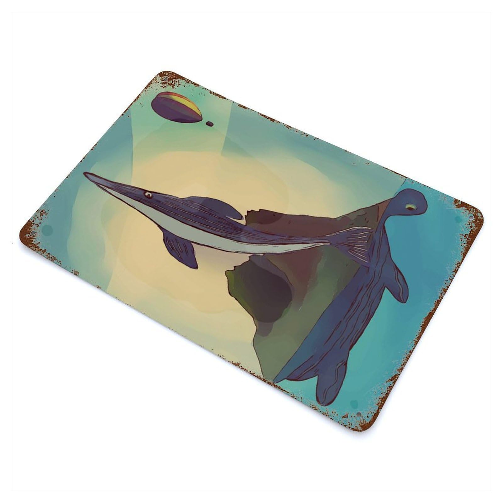 Retro Metal Sign with Whale, Turtle, And Island Design 11.8"x7.9", for Living Room, Hallway And Home Decor, Farmhouse Wall Decor