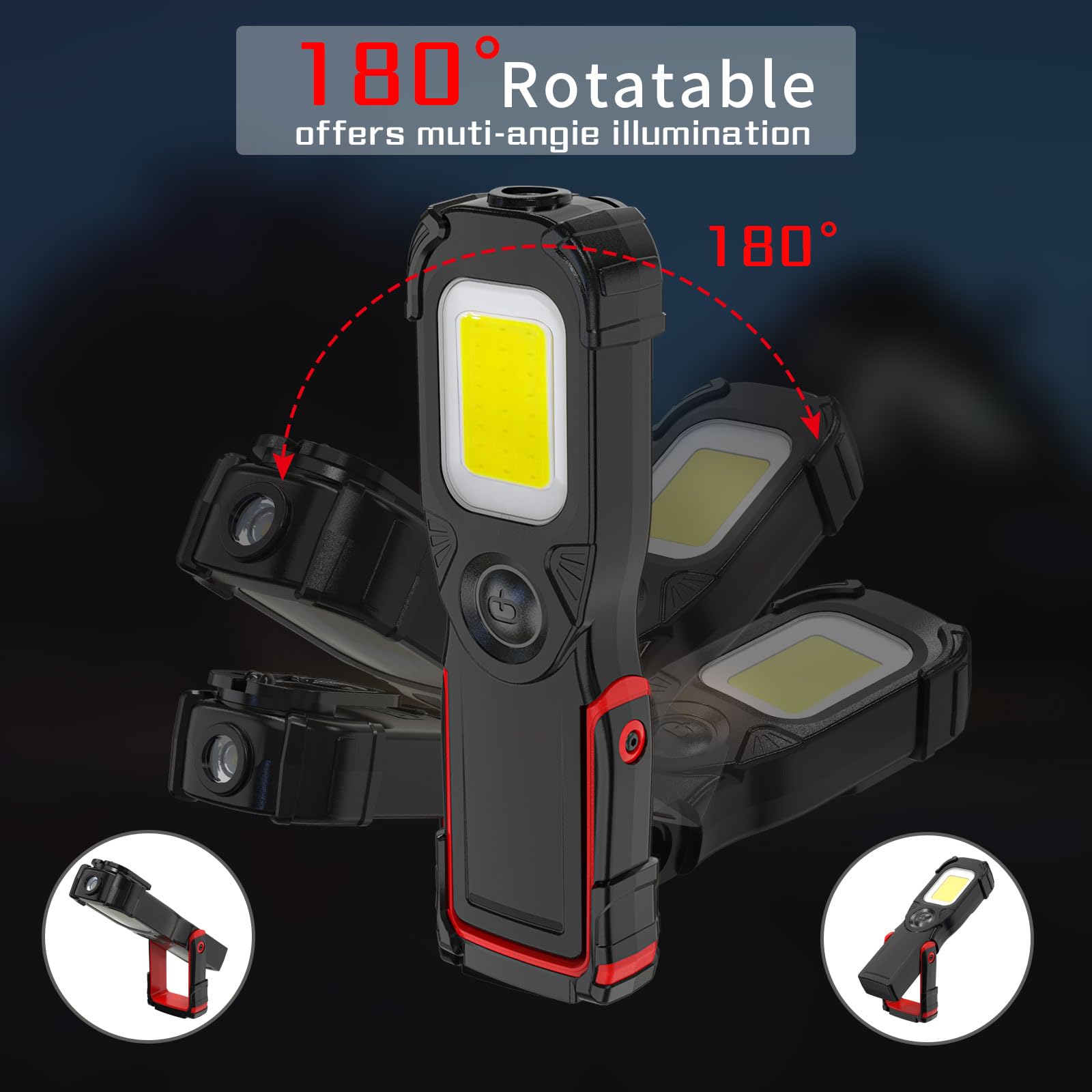 Lampe de Travail LED Rechargeable,Lampes d'inspection à LED Devant 5W COB avec Crochet et Base Magnétique pour Voiture, Camping, Urgence (Noir/R)
